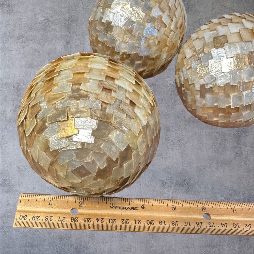 HTF Pier 1 Decorative Spheres Home 4" Gold New Set of 3 Capiz Shell Mosaic Orbs - Picture 3 of 5